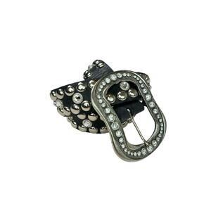 LEATHEROCK USA VINTAGE Black Leather Studded Rhinestone Belt Size Large 41” L